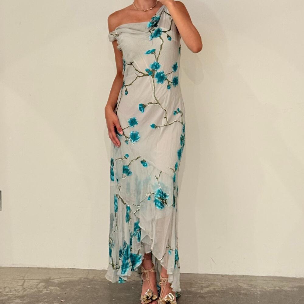 Vintage Grey Sequined and Beaded Silk Maxi Dress